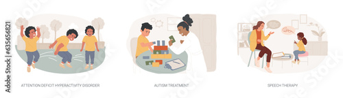 Children development issues isolated concept vector illustration set. Attention deficit hyperactivity disorder, autism treatment, speech therapy, hyperactivity, cognitive disability vector concept.