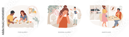 Allergic diseases isolated concept vector illustration set. Food and seasonal allergy, anaphylaxis shock treatment, skin rash, first aid, breath problem, gluten free diet vector concept.