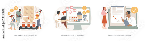 Drugs and medication industry isolated concept vector illustration set. Pharmacological business, pharmaceutical marketing, online prescription system, pharmacy network, drugstore vector concept.