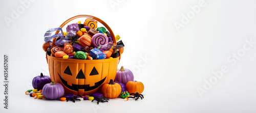 Halloween concept background. Halloween jack o lantern pumpkin basket with full of candies on white background. Trick or treat concept. Copy space for text.