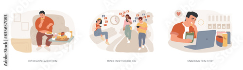 Addictive habits isolated concept vector illustration set. Overeating, mindlessly scrolling, snacking non-stop, mental problem, sugar and junk food, diet and nutrition, social media vector concept.