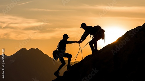 A couple scaling a towering mountain peak