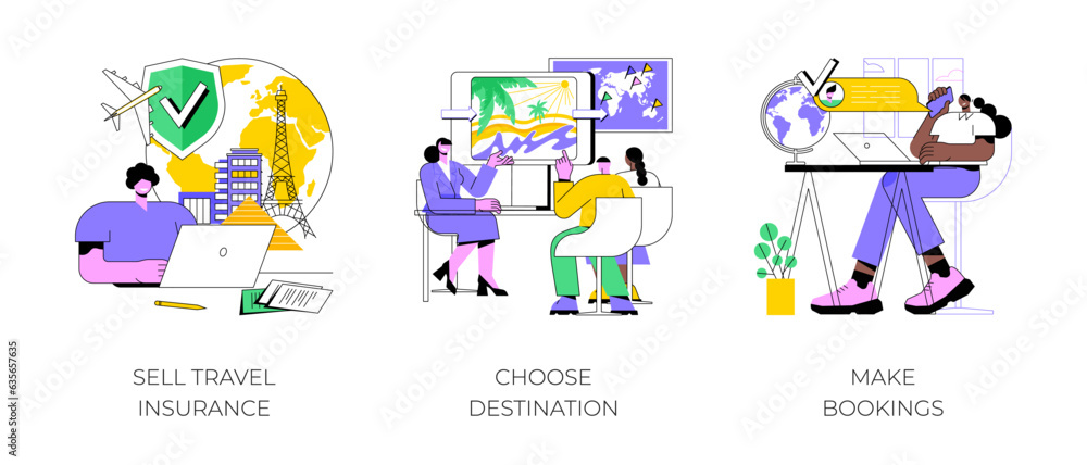 Travel agency isolated cartoon vector illustrations set. Agent selling travel insurance to customer, couple choose destination, professional booking service, tourism industry vector cartoon. Travel agency isolated cartoon vector illustrations set. Agent selling travel insurance to customer, couple choose destination, professional booking service, tourism industry vector cartoon.