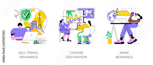 Travel agency isolated cartoon vector illustrations set. Agent selling travel insurance to customer, couple choose destination, professional booking service, tourism industry vector cartoon.