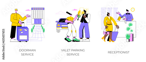 Hotel service isolated cartoon vector illustrations set. Smiling doorman welcoming guest, valet parking worker gets keys from clients car, receptionist provide information to people vector cartoon. photo