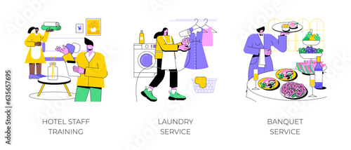 Hotel business isolated cartoon vector illustrations set. Experienced manager training staff, laundry service, maid ironing guests shirt, waiter serving at banquet, horeca sector vector cartoon.