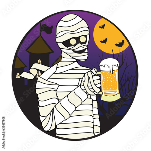 Fun mummy holding a big glass of beer inside a circle with halloween background with castle and bats. Vector illustration with transparent background.