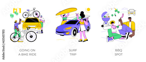 Adventure trip isolated cartoon vector illustrations set. Couple preparing for a bike ride, summer vacation, happy girls going surf trip by van, people stop at BBQ spot in nature vector cartoon.