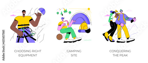 Mountaineering isolated cartoon vector illustrations set. Choosing right equipment, camping site, setting up a tent in the mountains, happy people making after conquering the peak vector cartoon.