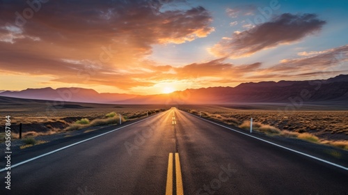 Infinite Horizons  Sunset Road Stretching Beyond. Generative AI