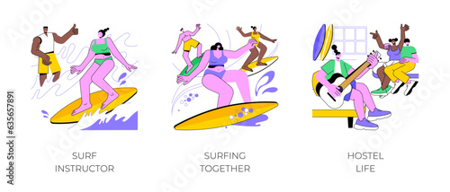 Surf camp isolated cartoon vector illustrations set. Girl in swimsuit learn to surf with an instructor, diverse young friends surfing in the ocean, hostel life, holiday trip vector cartoon.
