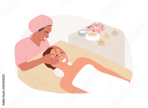 Facial massage isolated concept vector illustration. Spa treatment, face and neck lifting, professional skincare, wellness and relax, cosmetology clinic, thai salon, beauty vector concept.