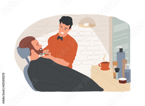 Barbershop isolated concept vector illustration. Haircut service, beard shaving, moustache trimming, mans style, hairdresser scissors, hairstylist chair, professional care vector concept.