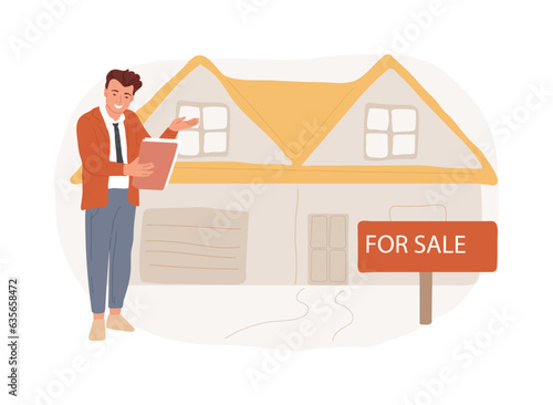 Real estate agent isolated concept vector illustration. Real estate market, agent demonstrating house, buying new appartment with a realtor, commercial property investment vector concept.