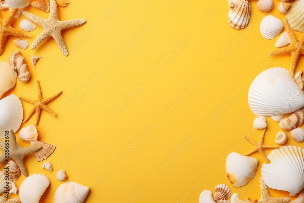 top view, flat lay. yellow, orange background with seashells. tourism and summer. frame, template and place for text. top view, flat lay. yellow, orange background with seashells. tourism and summer. frame, template and place for text.