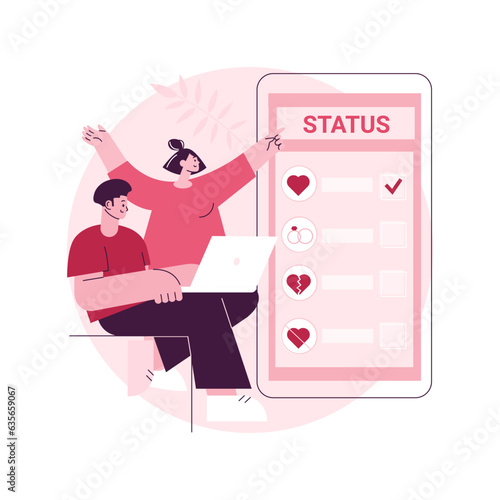 Relationship status abstract concept vector illustration. Relationship civil status, marital separation, divorce process, single, coupled, got married, social media, engaged abstract metaphor.