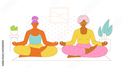 Mother and daughter practicing meditation at home together. Flat outlined colorful vector illustration.