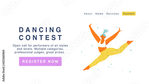Dancing competition open call landing page design . Modern website home page background template. 