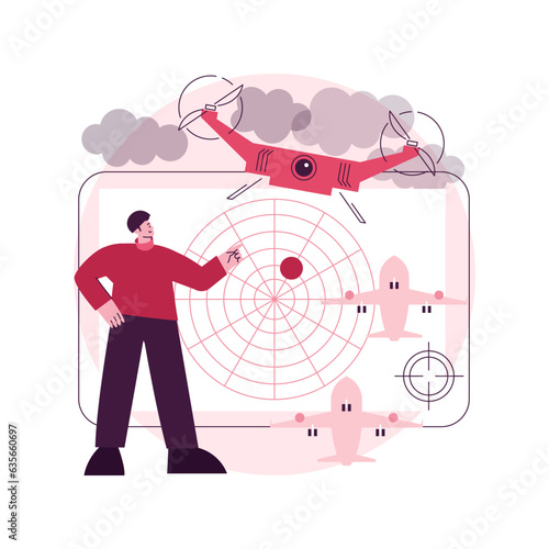 Military drone abstract concept vector illustration. Military robotics, drone use in defense, aircraft technology, aerospace, unmanned aerial vehicles, remotely piloted systems abstract metaphor.