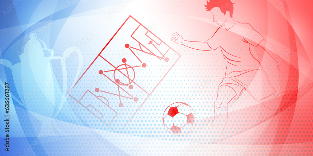 Fototapeta premium Soccer background with a football player kicking the ball and other sport symbols in national colors of France