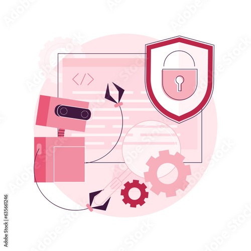 Industrial cybersecurity abstract concept vector illustration. Industrial data protection, enterprise cybersecurity, robotics malware defense, safeguarding info and machines abstract metaphor.
