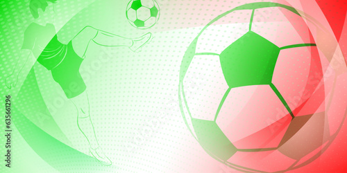 Soccer background with a football player kicking the ball and other sport symbols in national colors of Italy or Mexico