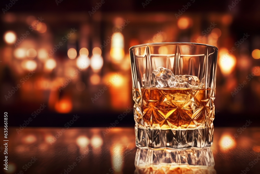 Smooth whiskey glass on bar table with ice, Generative AI Smooth whiskey glass on bar table with ice, Generative AI