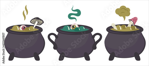 Set of Potion cauldron isolated. Hand drawn magic Witches' brew for Halloween party. Old vats with green liquid, fly agaric, mushrooms, eyes, steam. Autumn holiday of dead. Vector cartoon illustration