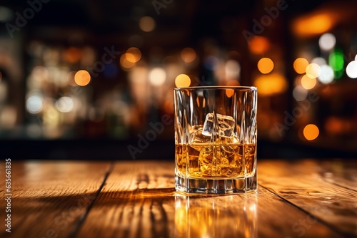 Photographie Smooth whiskey glass on bar table with ice, Generative AI