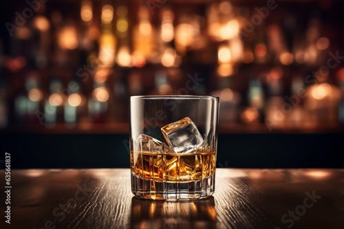 Smooth whiskey glass on bar table with ice, Generative AI