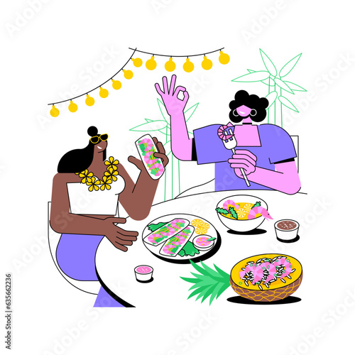Tasting new food isolated cartoon vector illustrations. Attractive girls enjoying tasty food, traditional cuisine, delicious meal, travel with friends, gastronomy concept tour vector cartoon.