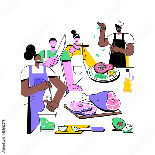 Chef masterclass isolated cartoon vector illustrations. People cook at the professional chef masterclass, food preparation lessons, gastronomy concept tour, culinary workshop vector cartoon.