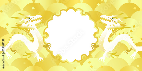 辰と雪輪 ゴールド 新春初売り 背景 バナー ( 1:2 横 文字なし )