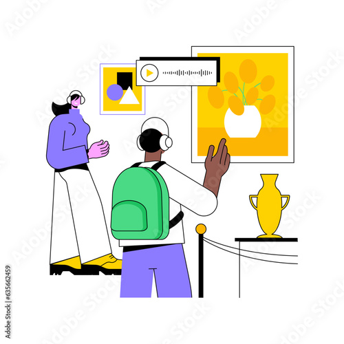 Audio guide isolated cartoon vector illustrations. Couple visit museum and listen to audio guide, city trip, cultural experience, gallery exhibition, travel and lifestyle vector cartoon.