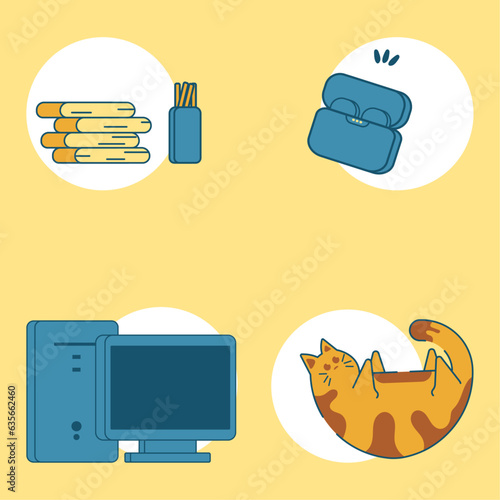 Pacote de 4 ilustrações vetoriais de elementos encontrados em um quarto de um garoto. Estilo flat.