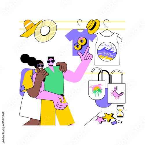 Buying souvenirs isolated cartoon vector illustrations. Happy couple choosing authentic travel souvenirs, city trip, cultural experience, vacation time, holiday gift shop vector cartoon.