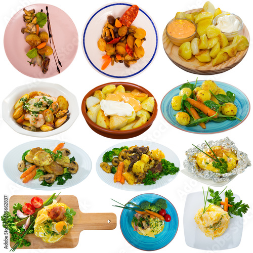 Fototapeta Naklejka Na Ścianę i Meble -  Collage of different tempting potato dishes isolated on white background..