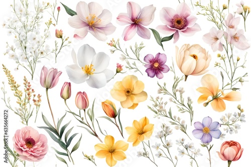 Floral set of delicate flowers and branches  watercolor isolated collection with ranunculuses  tulip  cosmos flower  dahlia and freesia. Illustration on white background  botanical design elements