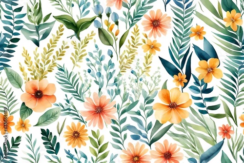 Spring pattern with flowers and plants. Watercolor floral illustration.Seamless pattern