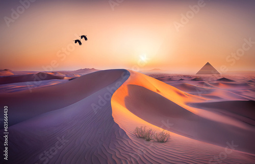 Couple cranes over high dune of calm desert in evening light  AI generated