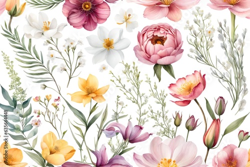 Seamless watercolor floral pattern. Loose flowers painting