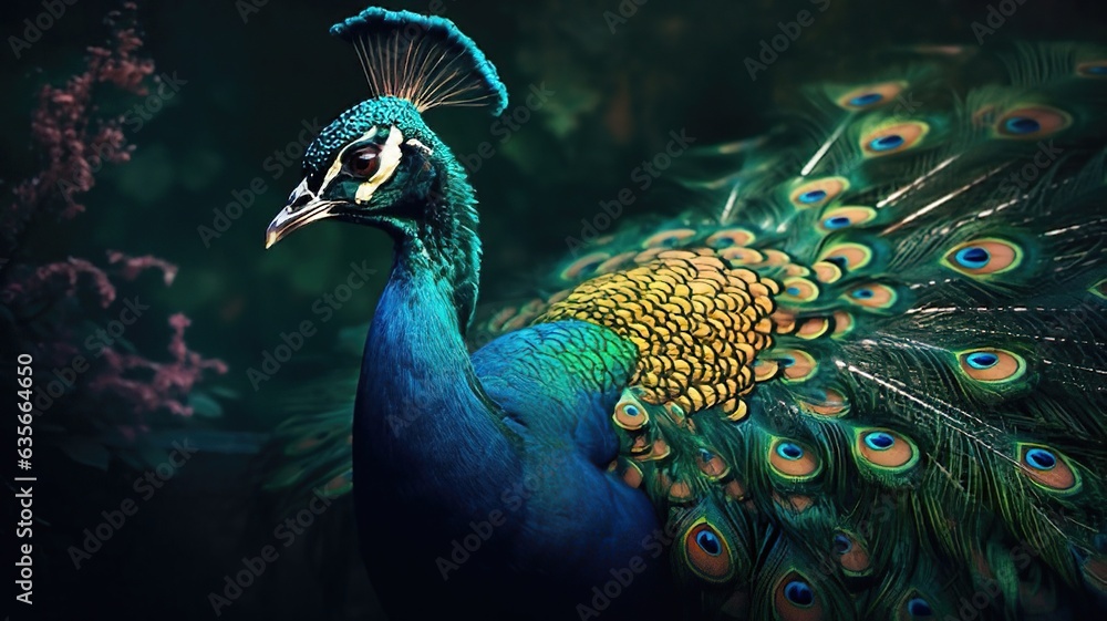Fototapeta premium Elegant Peacock Showcasing Exotic Splendor Perched Gracefully on a Fence