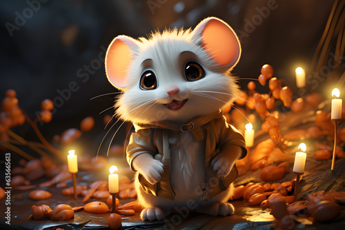 Cute 3D mouse with a candle and flower background
