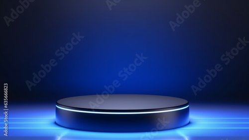 Blue LED Abstract Minimalistic Product Podium. The Scene for Product Presentation. 3D Room with Geometric Platform Stage Pedestal. Ai Generated Podium Mockup for a Product advertisement.