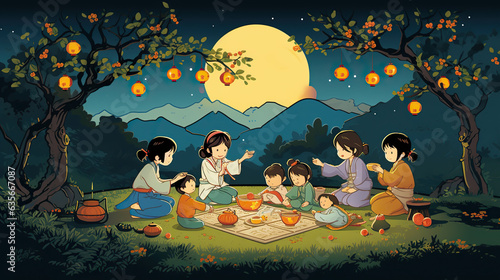 Mid Autumn Festival. Show a family sitting outside their traditional house, sharing moon cakes and stories under a tree 