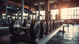 Weight and dumbells on dumbell rack inside gym 