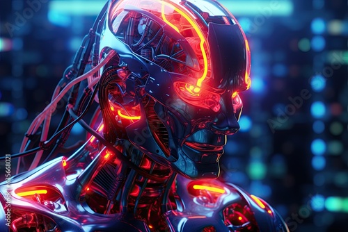 Immersed in neon glow  robotic entity exudes futuristic technology and artificial intelligence.