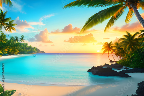 Beach with crystal clear blue water and sunset