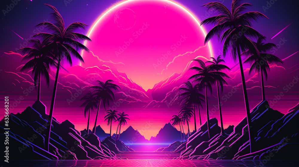 Synthwave 3d retro cyberpunk style landscape background banner or ...