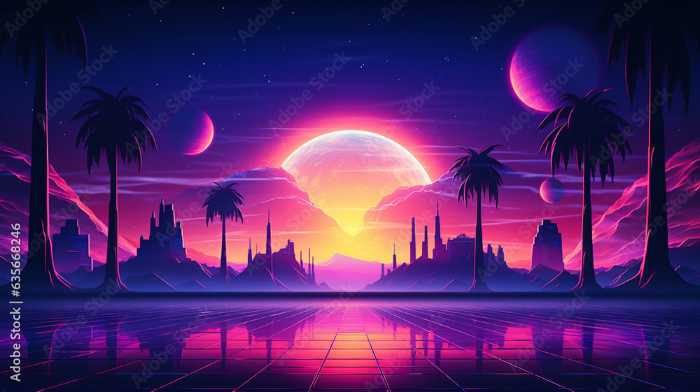 Synthwave 3d retro cyberpunk style landscape background banner or ...